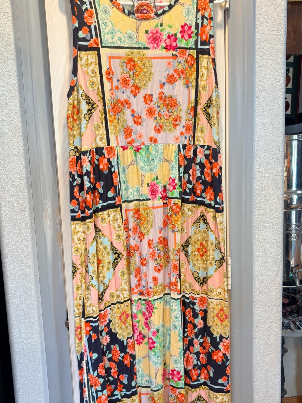 Johnny Was Patchwork Floral Maxi Dress in Black, Pink, Yellow and Orange